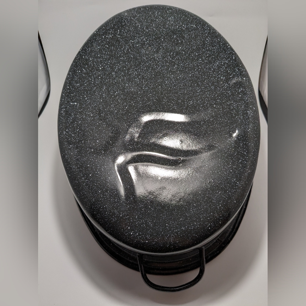 Vintage Black Enamel Speckled Oval Roasting Pan W/Handles & Lid 14 x 10 - Picture 3 of 9